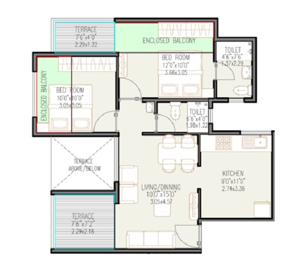 Floor plan of 2 BHK 541 Sq. Ft. Apartment in Millennium Paramount, Pune