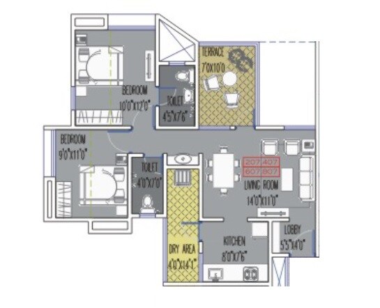 Floor plan of 2 BHK 712 Sq. Ft. Apartment in Miracle Aero East, Pune