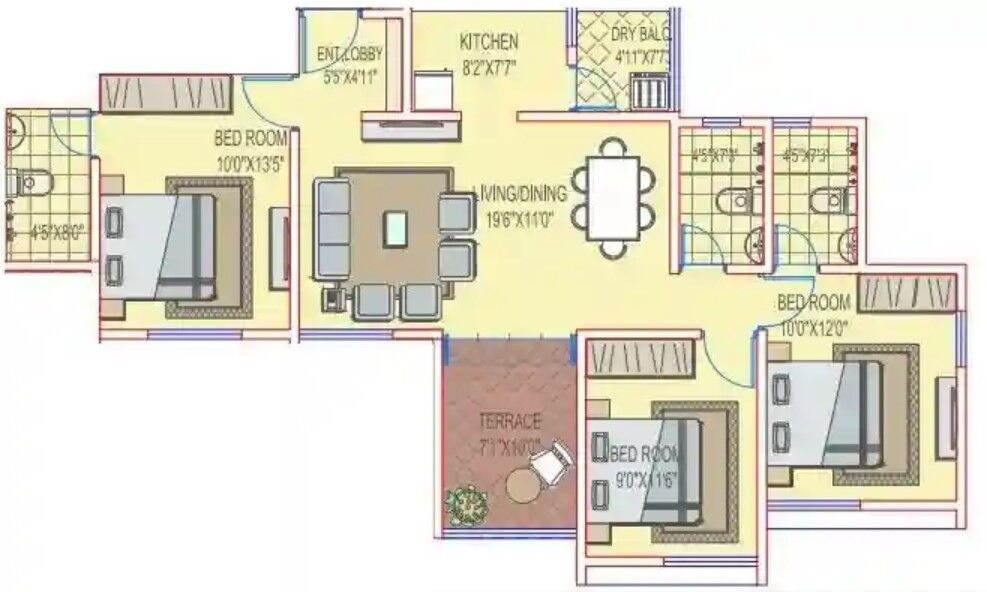 Floor plan of 3 BHK 1014 Sq. Ft. Apartment in Miracle Aero East, Pune