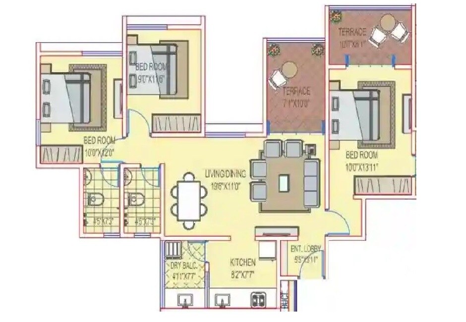 3 BHK 876 Sq. Ft. Apartment