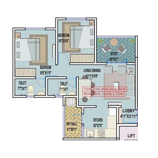 Floor plan of 2 BHK 535 Sq. Ft. Apartment in Miracle Aero Lifespace, Pune