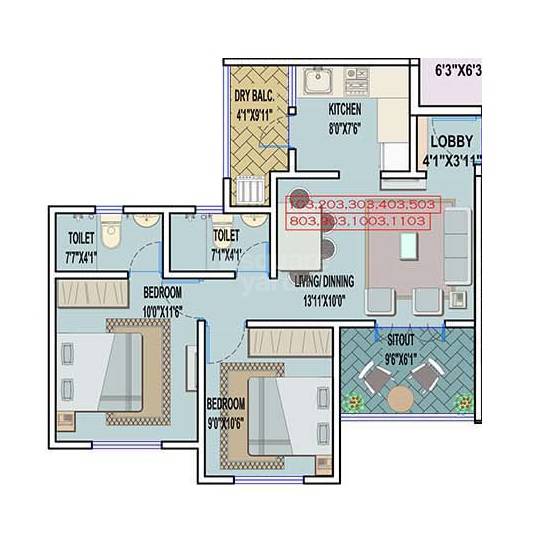 Floor plan of 3 BHK 796 Sq. Ft. Apartment in Miracle Aero Lifespace, Pune
