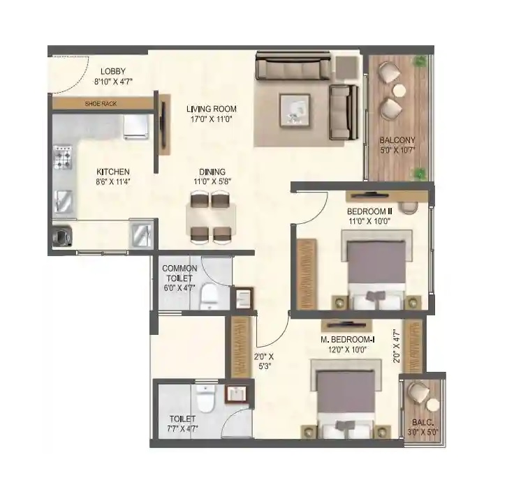 2 BHK 804 Sq. Ft. Apartment in Miracle Imperio Towers