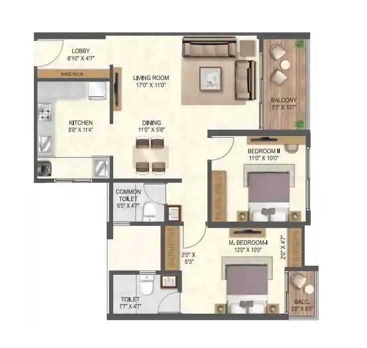 Floor plan of 2 BHK 792 Sq. Ft. Apartment in Miracle Imperio Towers, Pune