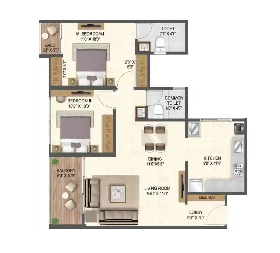 Floor plan of 2 BHK 833 Sq. Ft. Apartment in Miracle Imperio Towers, Pune