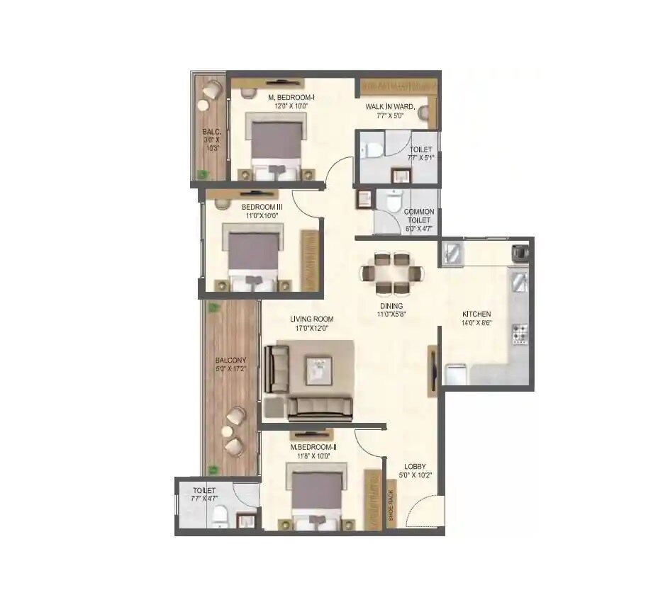 Floor plan of 3 BHK 1124 Sq. Ft. Apartment in Miracle Imperio Towers, Pune