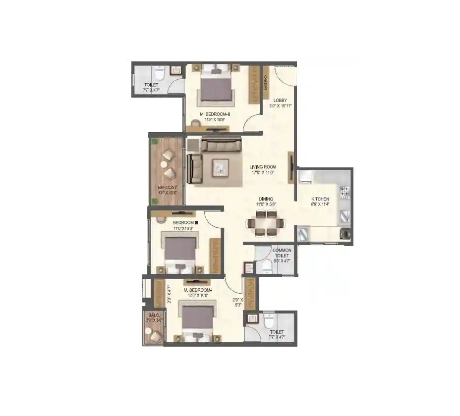 Floor plan of 3 BHK 1013 Sq. Ft. Apartment in Miracle Imperio Towers, Pune