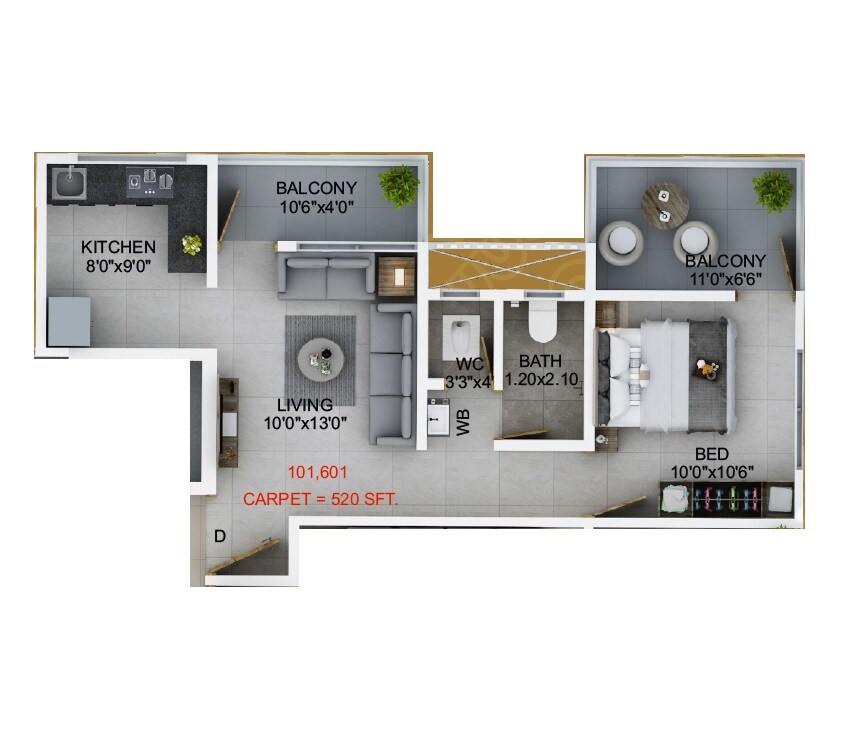 Floor plan of 1 BHK 520 Sq. Ft. Apartment in Miracle Mathura, Pune