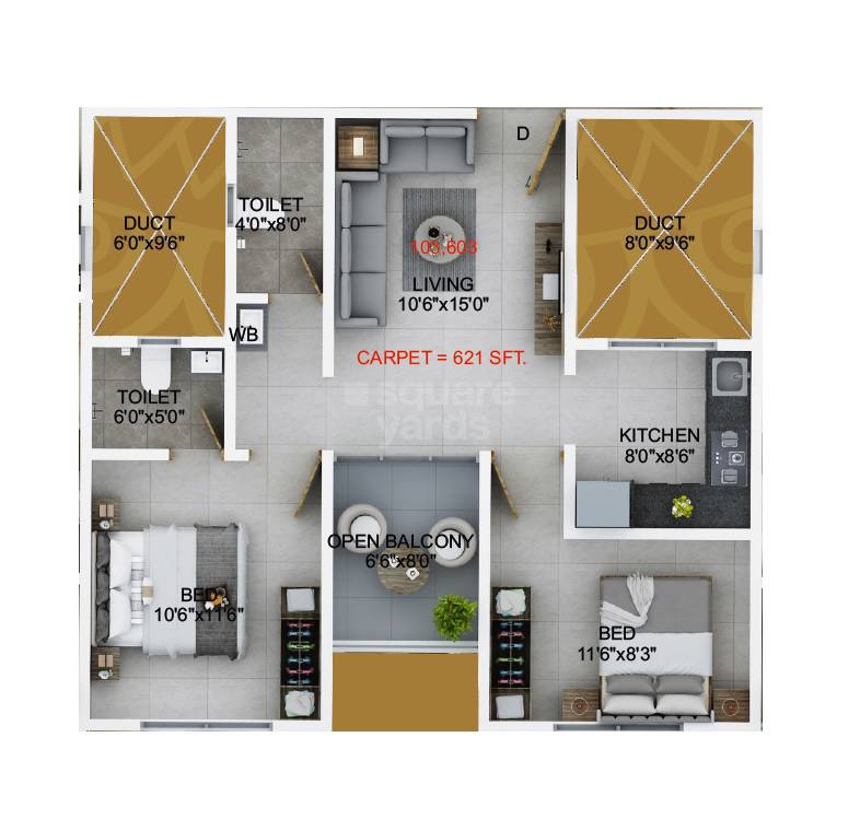 Floor plan of 2 BHK 621 Sq. Ft. Apartment in Miracle Mathura, Pune