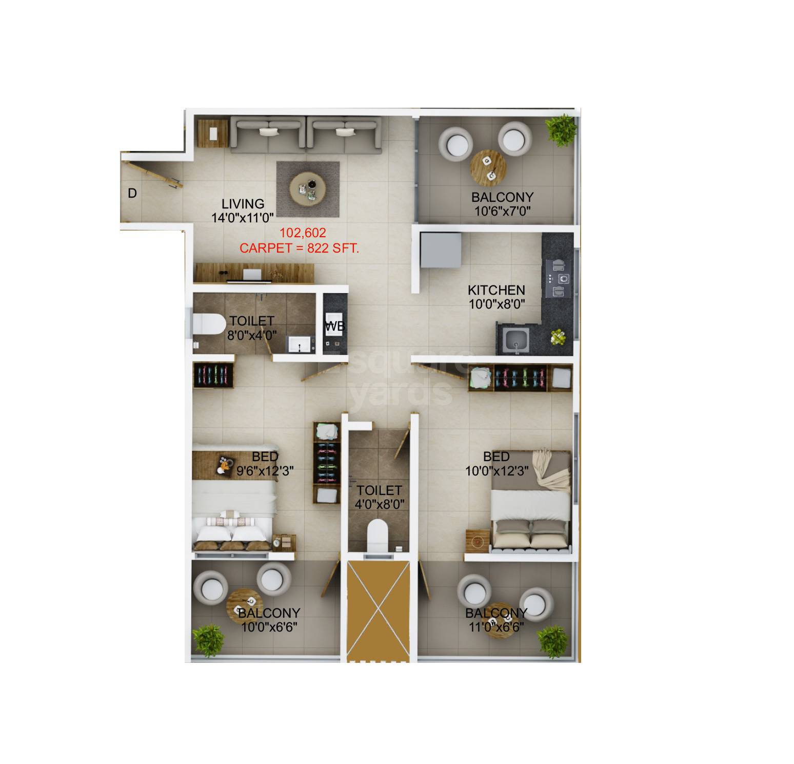 Floor plan of 2 BHK 822 Sq. Ft. Apartment in Miracle Mathura, Pune