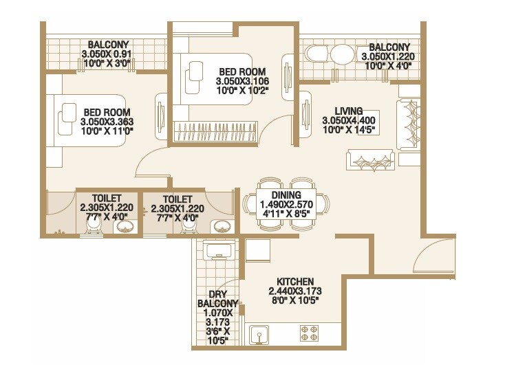 2 BHK 750 Sq. Ft. Apartment