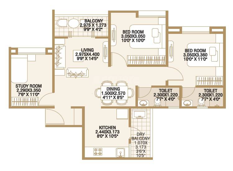 3 BHK 792 Sq. Ft. Apartment