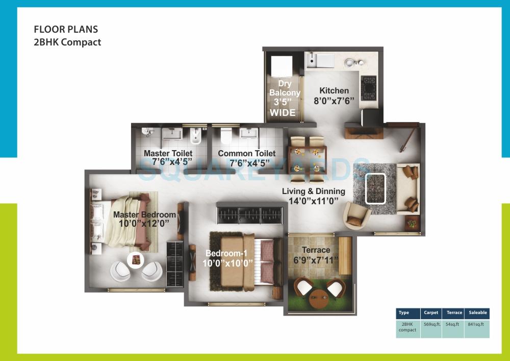 Floor plan of 2 BHK 841 Sq. Ft. Apartment in Mittal Brothers Hillside Urban, Pune