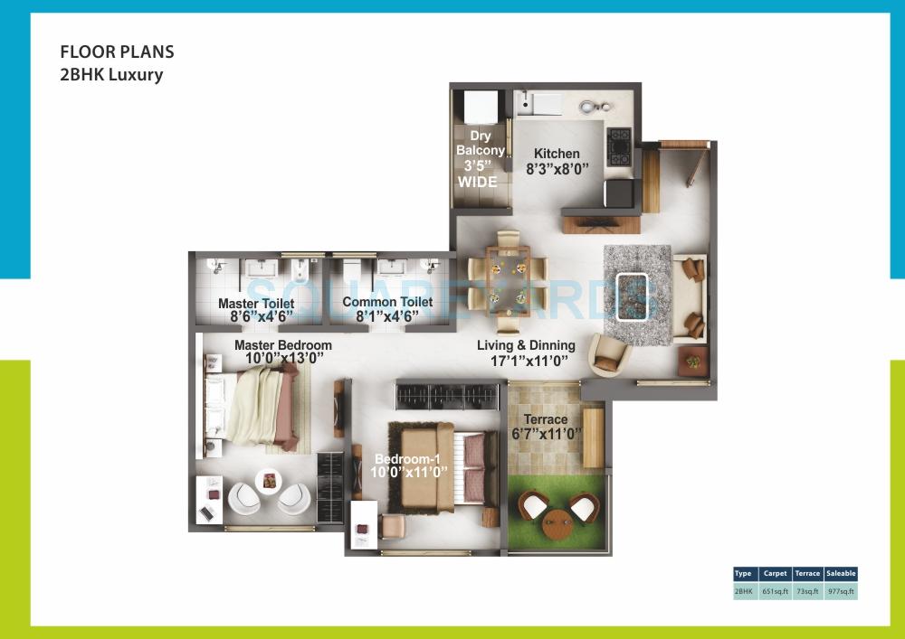 Floor plan of 2 BHK 977 Sq. Ft. Apartment in Mittal Brothers Hillside Urban, Pune