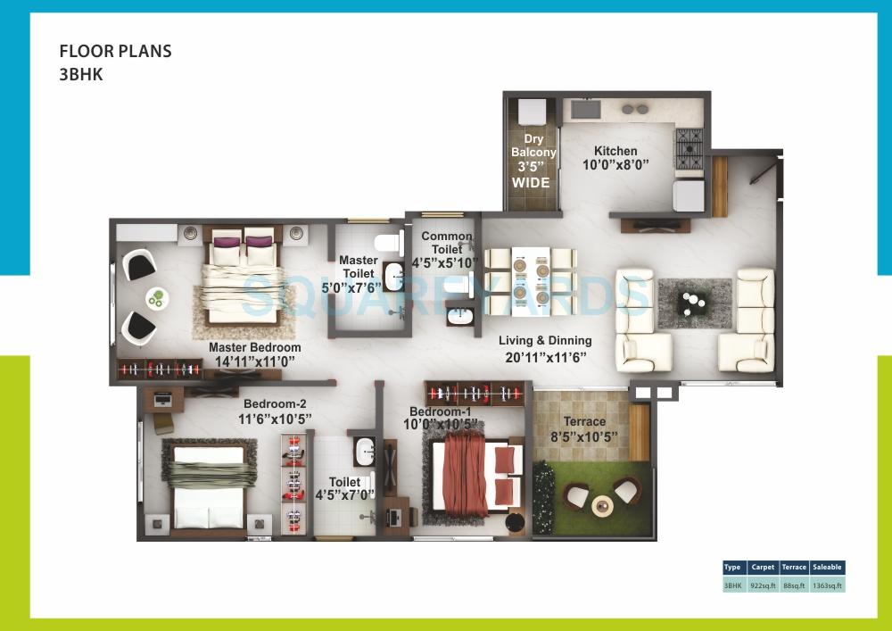 Floor plan of 3 BHK 1363 Sq. Ft. Apartment in Mittal Brothers Hillside Urban, Pune