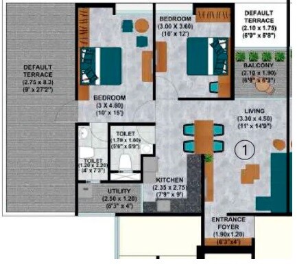 Floor plan of 2 BHK 683 Sq. Ft. Apartment in Mittal Greenyards, Pune