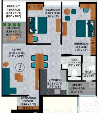 Floor plan of 2 BHK 709 Sq. Ft. Apartment in Mittal Greenyards, Pune