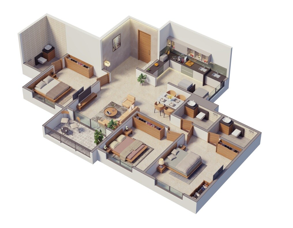Floor plan of 3 BHK 907 Sq. Ft. Apartment in Mittal Sun Apex, Pune