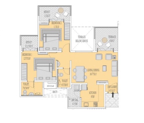 Floor plan of 2 BHK 782 Sq. Ft. Apartment in Mittal Sun City Ambegaon, Pune