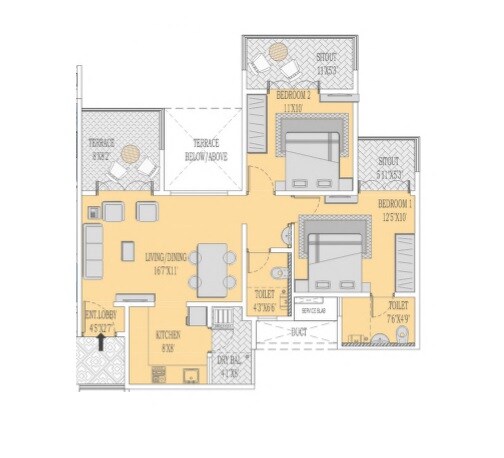 Floor plan of 2 BHK 858 Sq. Ft. Apartment in Mittal Sun City Ambegaon, Pune