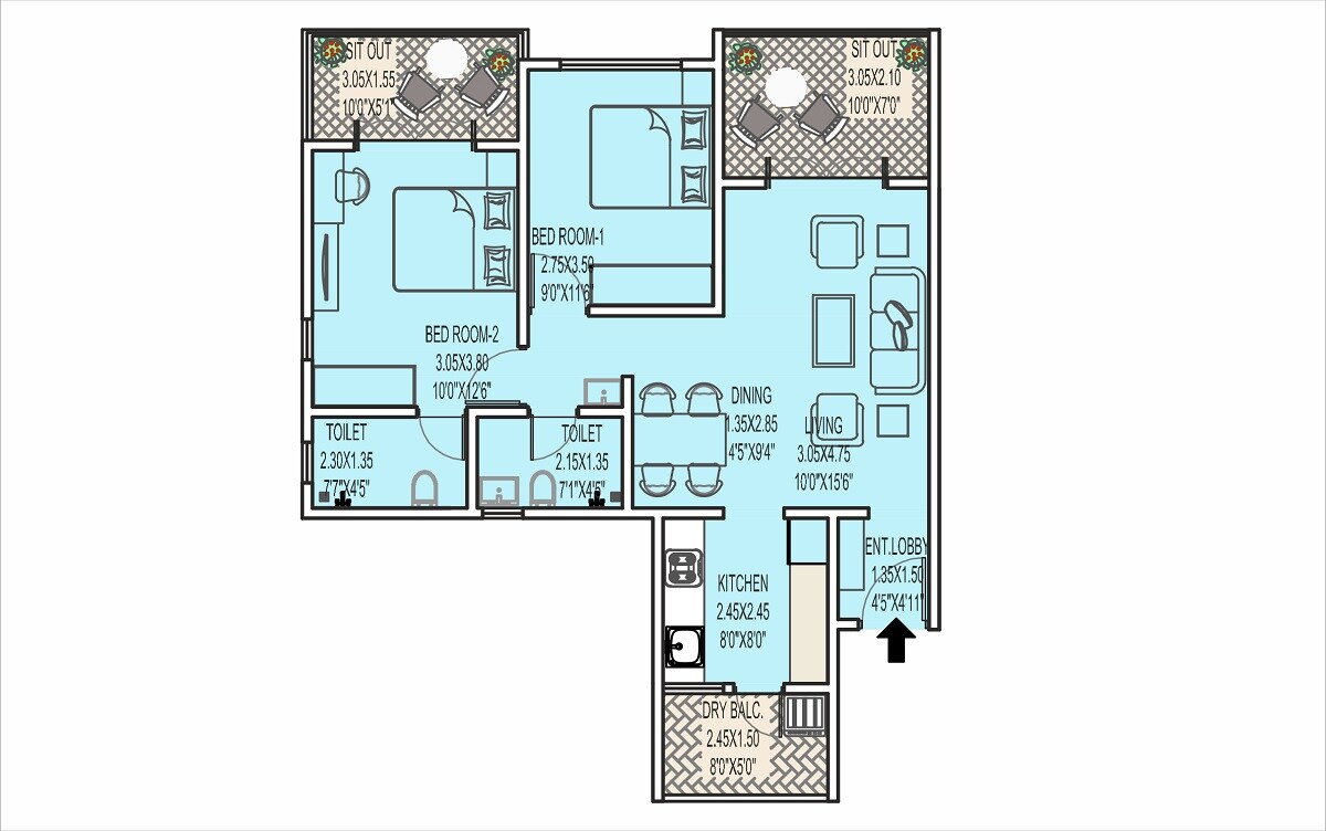 Floor plan of 2 BHK 791 Sq. Ft. Apartment in Mittal Sun Crest, Pune