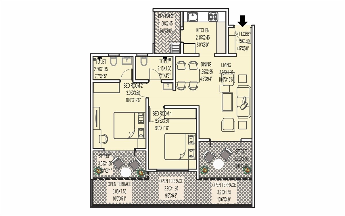 Floor plan of 2 BHK 802 Sq. Ft. Apartment in Mittal Sun Crest, Pune
