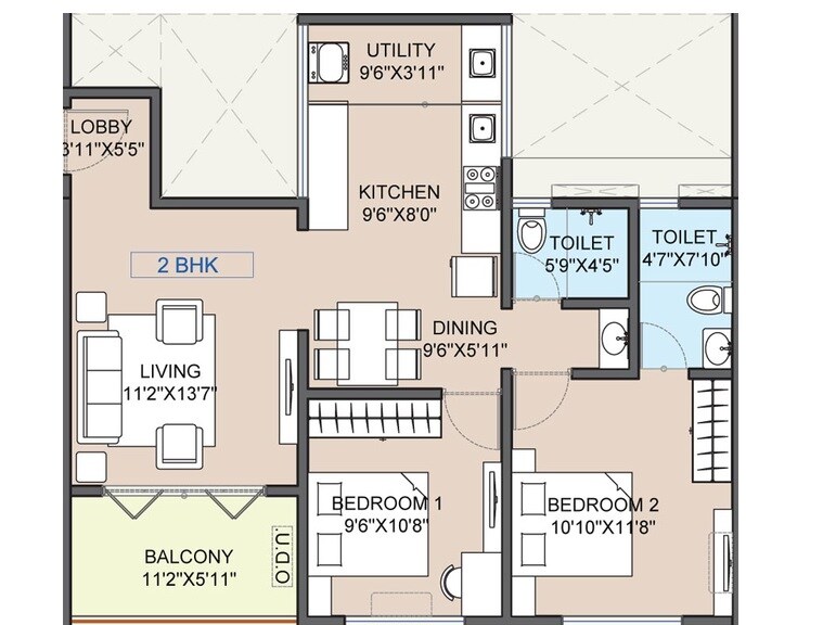 Floor plan of 2 BHK 759 Sq. Ft. Apartment in Mittal Sun Emerald, Pune