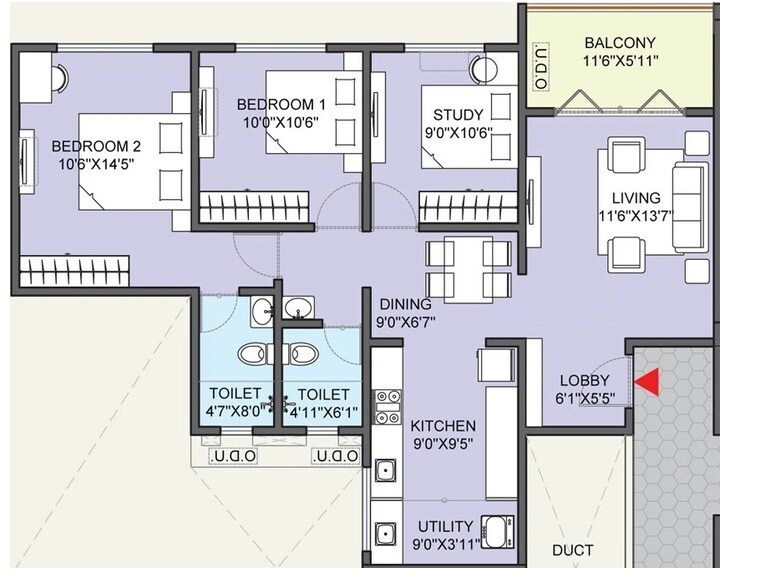 Floor plan of 2 BHK 959 Sq. Ft. Apartment in Mittal Sun Emerald, Pune