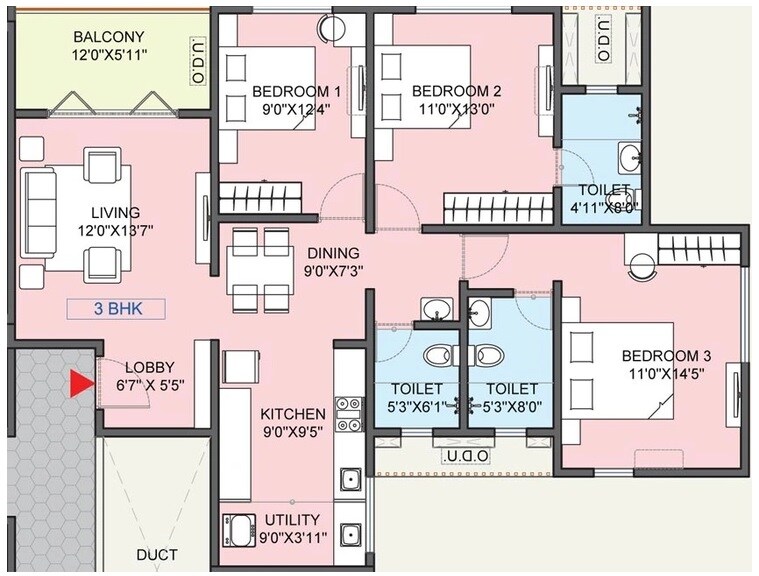 Floor plan of 3 BHK 1098 Sq. Ft. Apartment in Mittal Sun Emerald, Pune