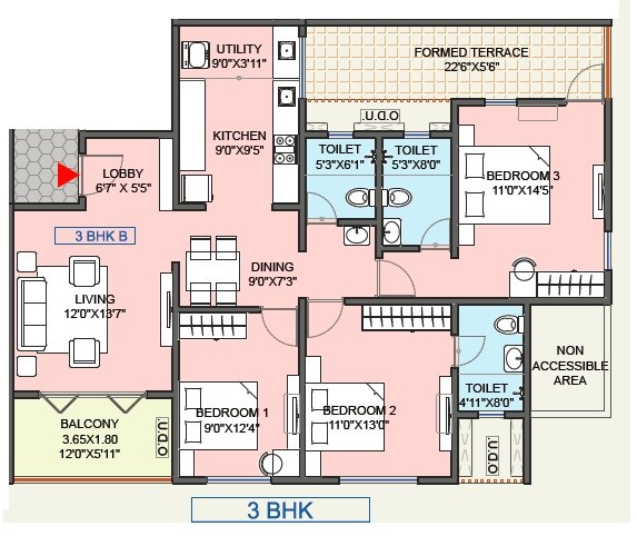 Floor plan of 3 BHK 1222 Sq. Ft. Apartment in Mittal Sun Emerald, Pune