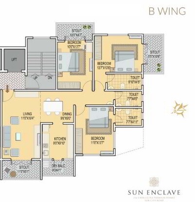 Floor plan of 3 BHK 1282 Sq. Ft. Apartment in Mittal Sun Enclave, Pune