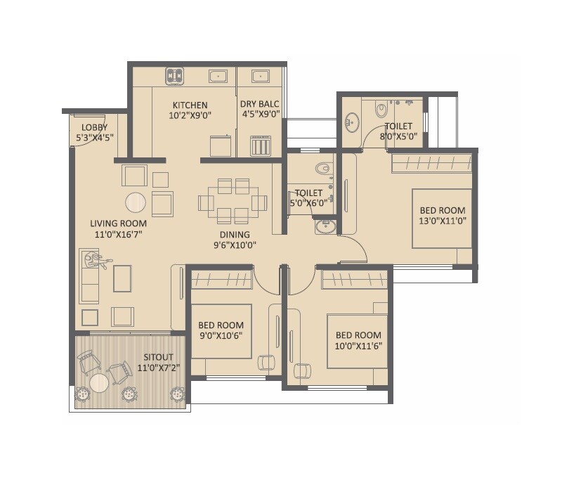 2 BHK 1014 Sq. Ft. Apartment