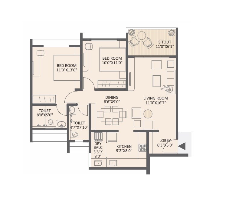 Floor plan of 2 BHK 843 Sq. Ft. Apartment in Mittal Sun Garnet, Pune