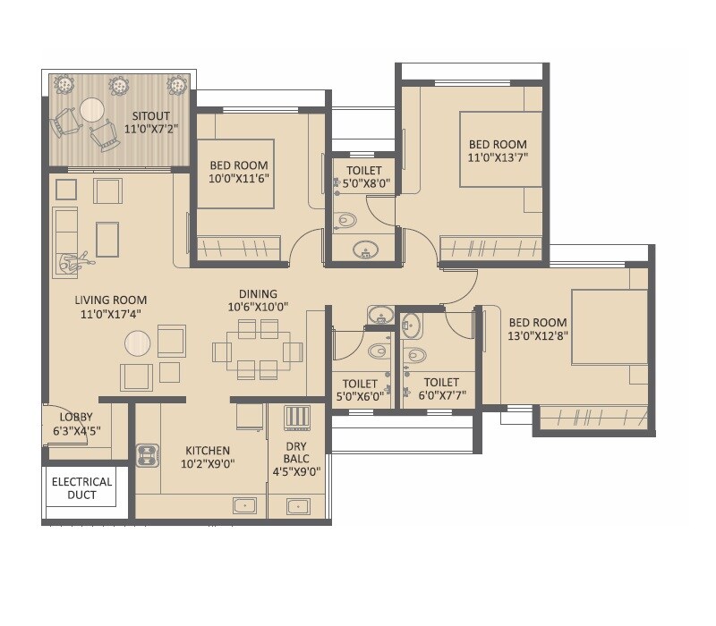 3 BHK 1176 Sq. Ft. Apartment