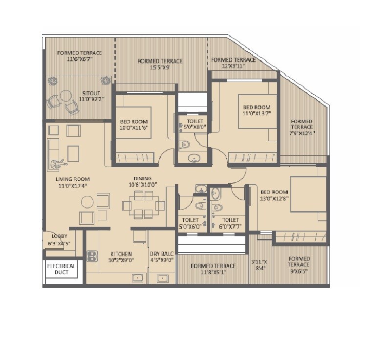 Floor plan of 3 BHK 1690 Sq. Ft. Apartment in Mittal Sun Garnet, Pune