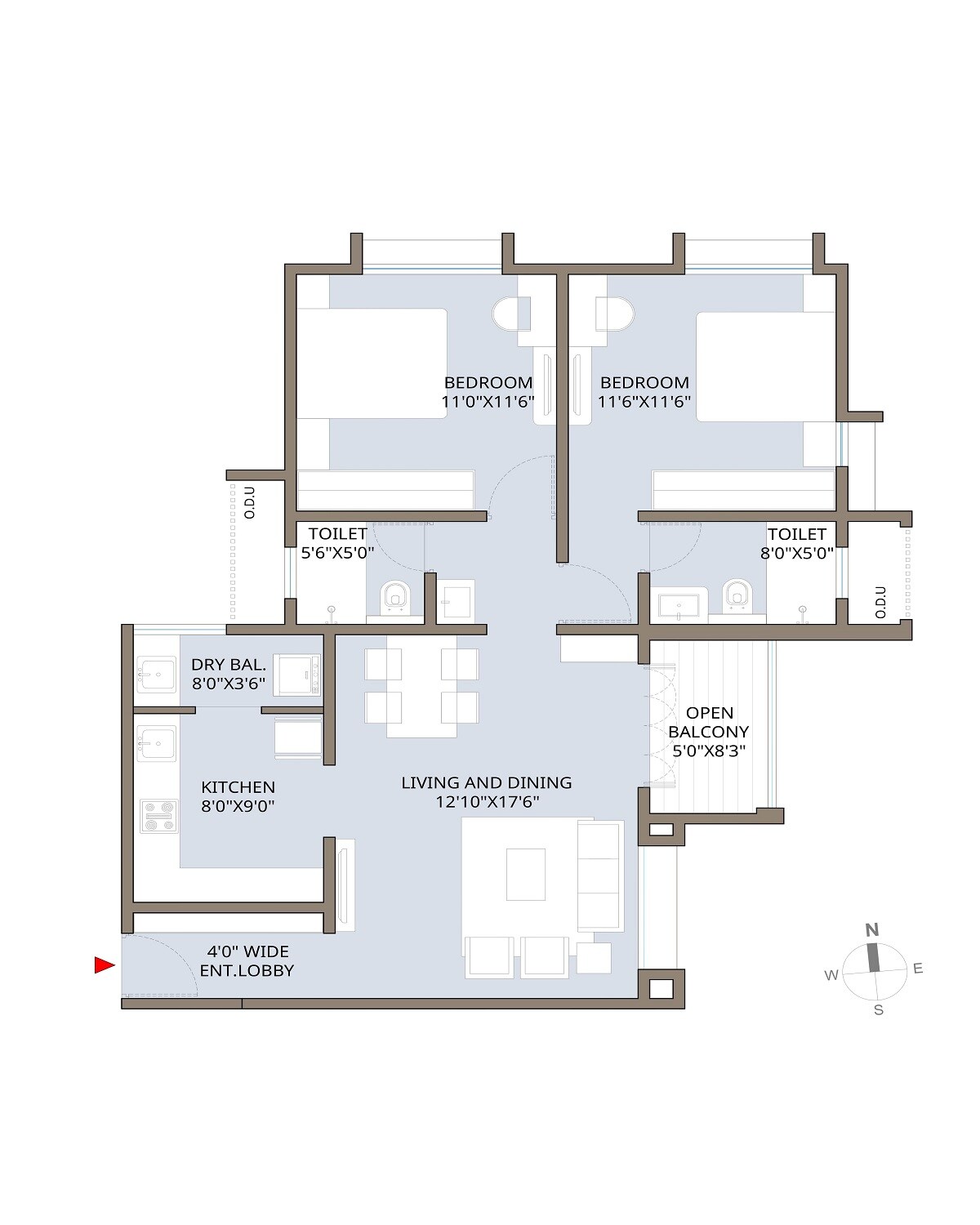 Floor plan of 2 BHK 809 Sq. Ft. Apartment in Mittal Sun Orchid, Pune