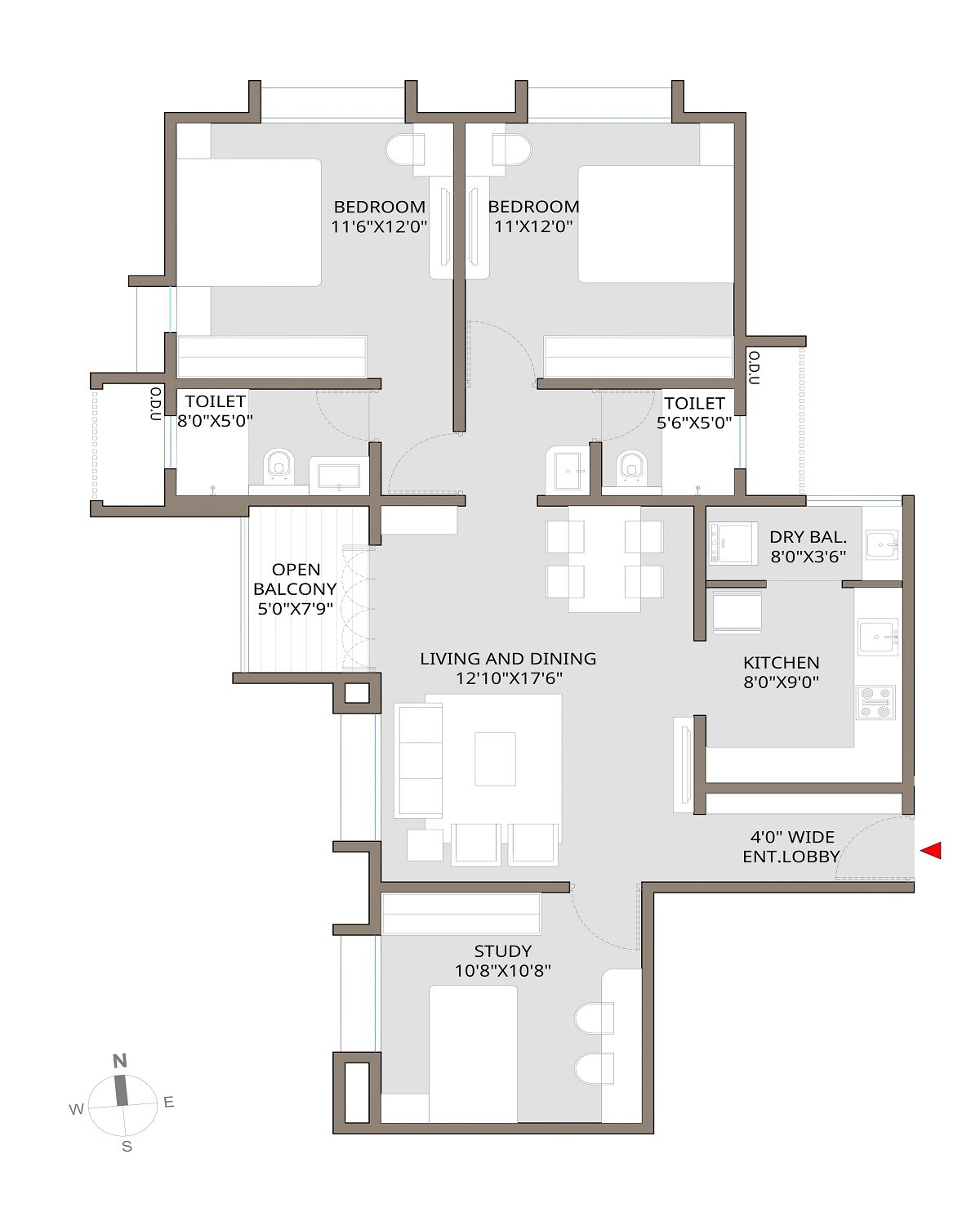Floor plan of 2 BHK 936 Sq. Ft. Apartment in Mittal Sun Orchid, Pune