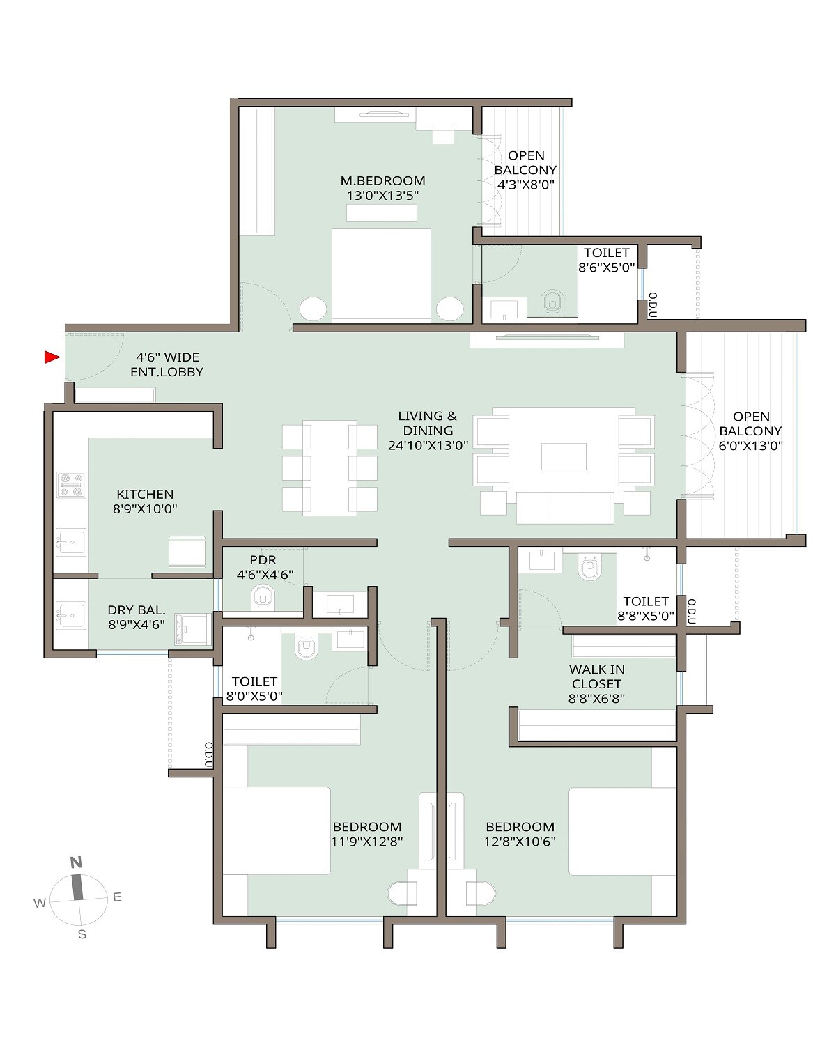 Floor plan of 3 BHK 1427 Sq. Ft. Apartment in Mittal Sun Orchid, Pune