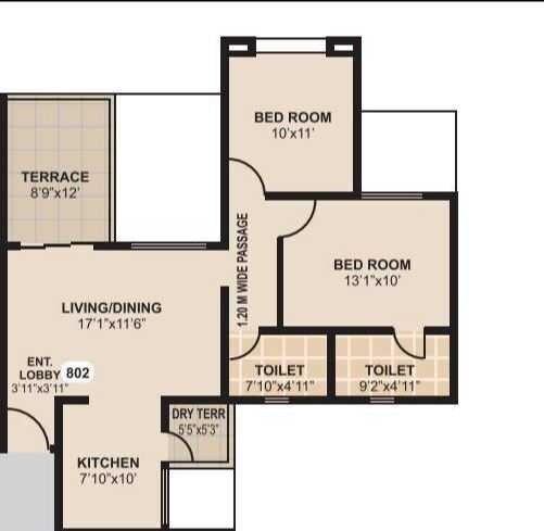 Floor plan of 2 BHK 560 Sq. Ft. Apartment in Mittal Sun Sapphire, Pune