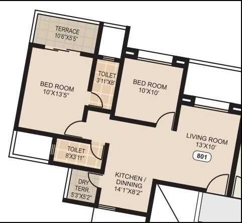 Floor plan of 2 BHK 677 Sq. Ft. Apartment in Mittal Sun Sapphire, Pune