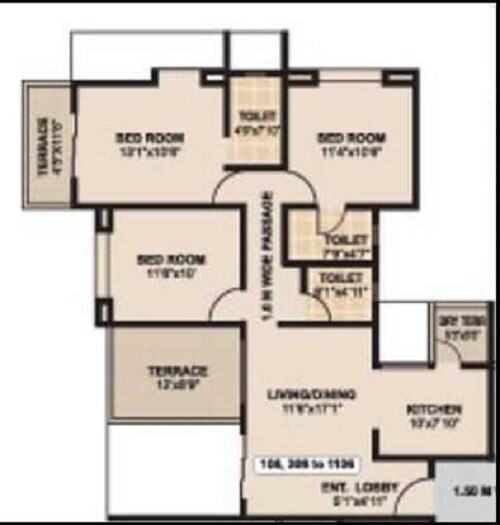 Floor plan of 3 BHK 746 Sq. Ft. Apartment in Mittal Sun Sapphire, Pune