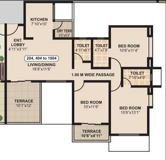 Floor plan of 3 BHK 856 Sq. Ft. Apartment in Mittal Sun Sapphire, Pune