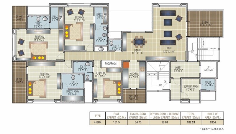 Floor plan of 4 BHK 2804 Sq. Ft. Apartment in Mittal Sun Solitaire, Pune