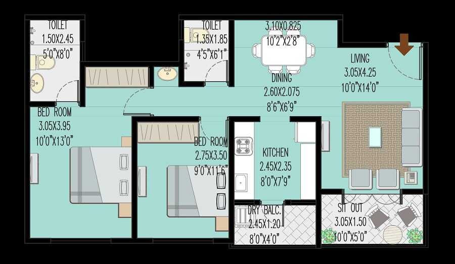 Floor plan of 2 BHK 756 Sq. Ft. Apartment in Mittal Sun Vista, Pune