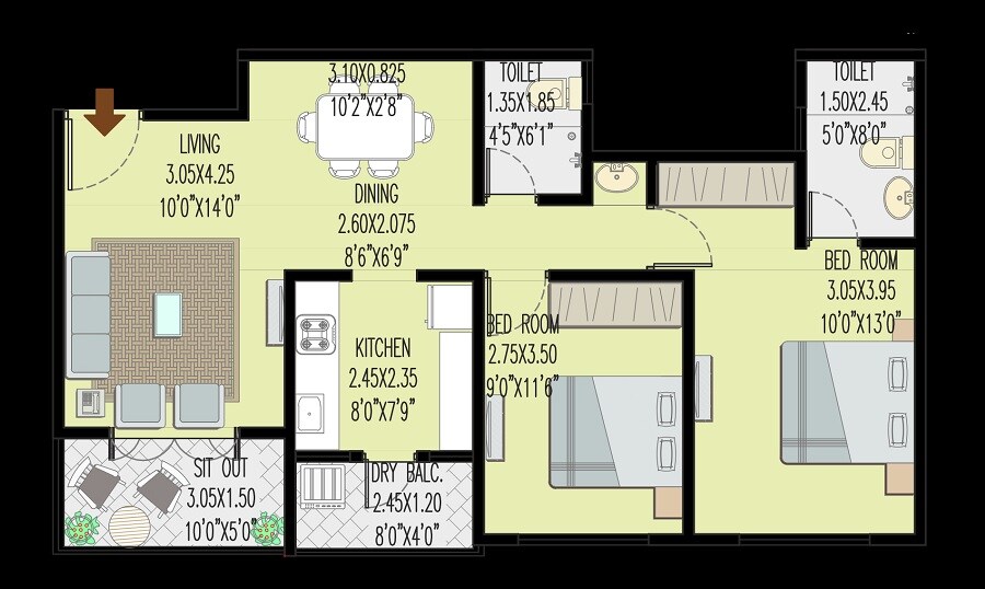 Floor plan of 2 BHK 812 Sq. Ft. Apartment in Mittal Sun Vista, Pune