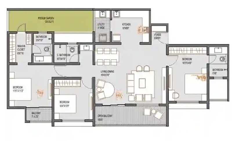 Floor plan of 3 BHK 1050 Sq. Ft. Apartment in Mittal Taara Tower, Pune