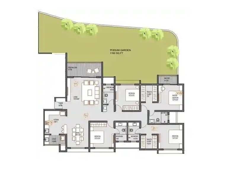 Floor plan of 4 BHK 1380 Sq. Ft. Apartment in Mittal Taara Tower, Pune