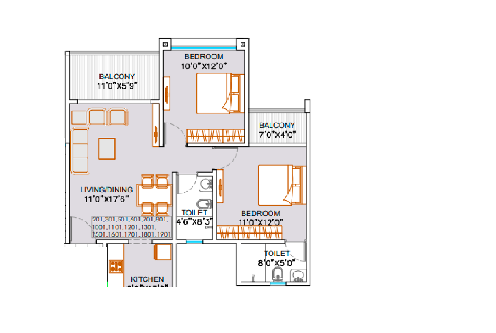 Floor plan of 2 BHK 796 Sq. Ft. Apartment in MJ Opera, Pune