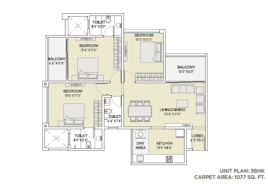 Floor plan of 3 BHK 1077 Sq. Ft. Apartment in MJ Opera, Pune