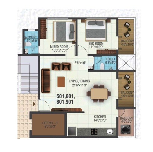 Floor plan of 2 BHK 885 Sq. Ft. Apartment in ML Tower, Pune